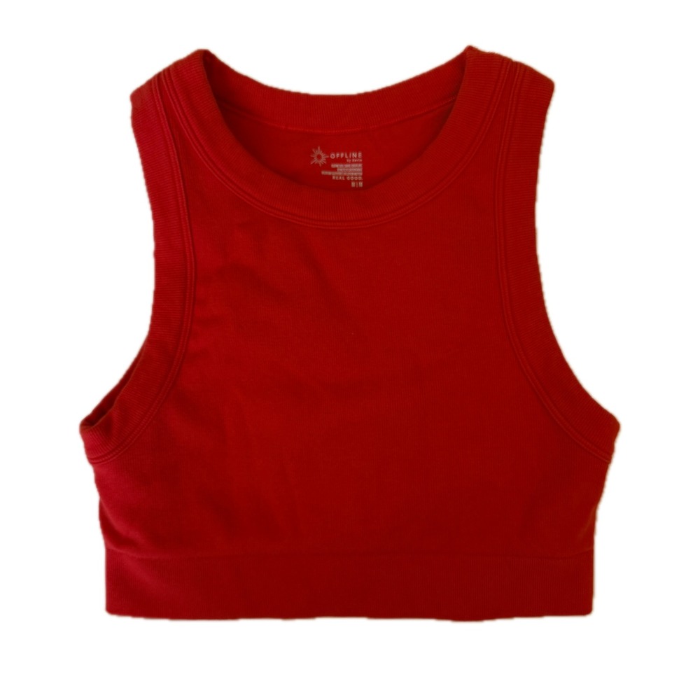 OFFLINE by Aerie Womens Seamless Ribbed High Neck Sports Bra Red Mid Support M